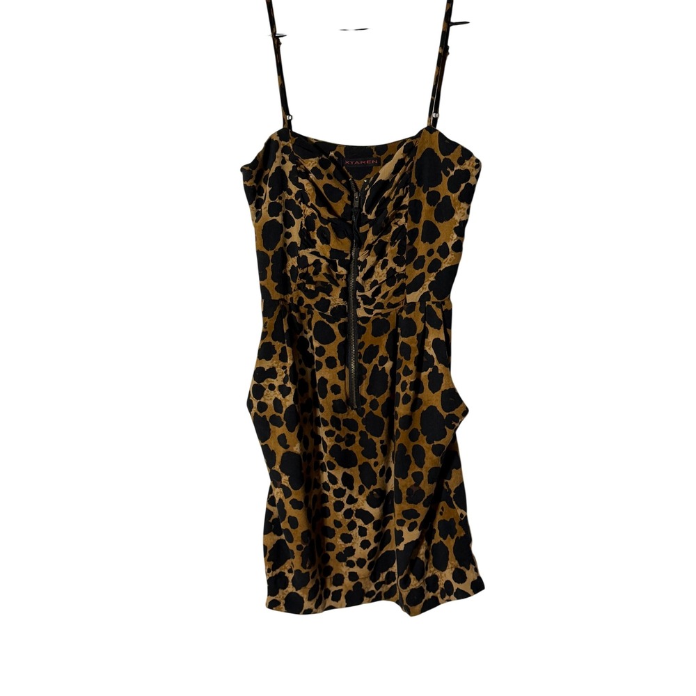 XTAREN Leopard Print Mini Dress Front Zip Ruched Pockets Tan Black Small 2226P4
